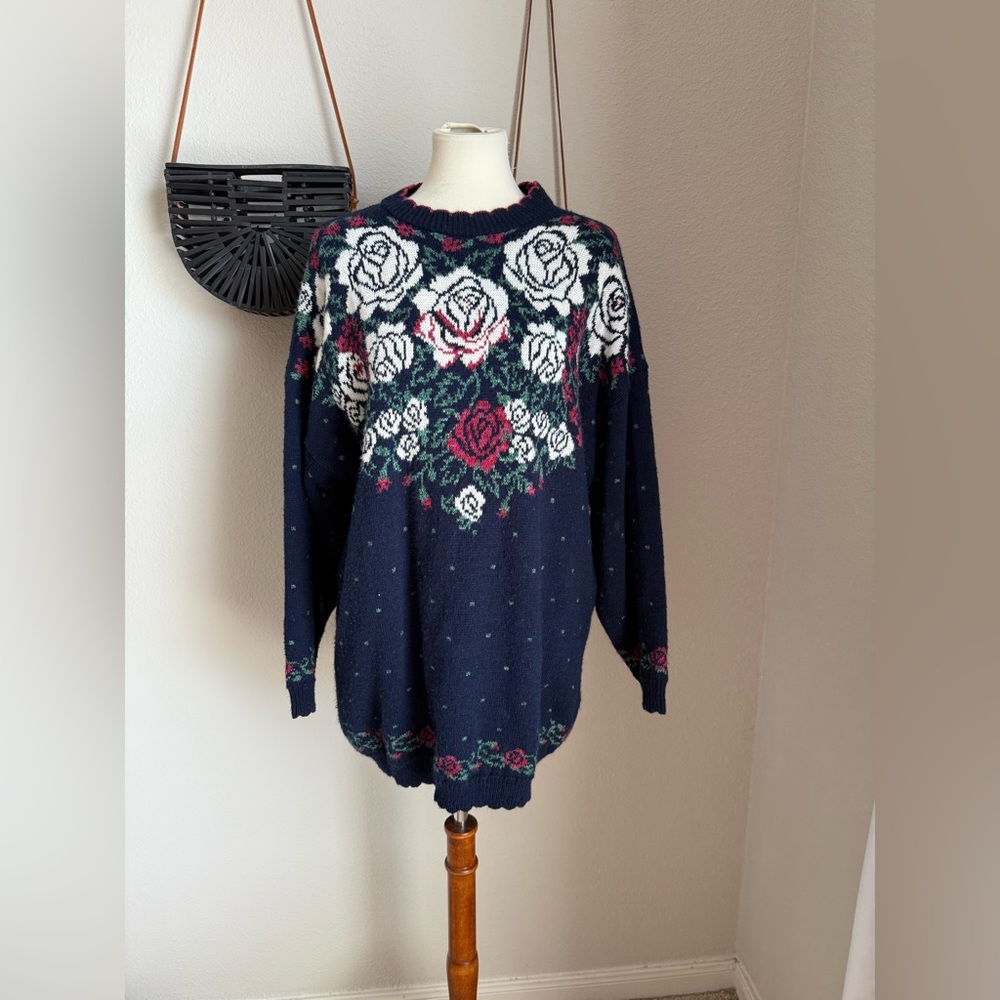 Vintage Made in USA Private Eyes Blue Floral Sweater, Size 1X